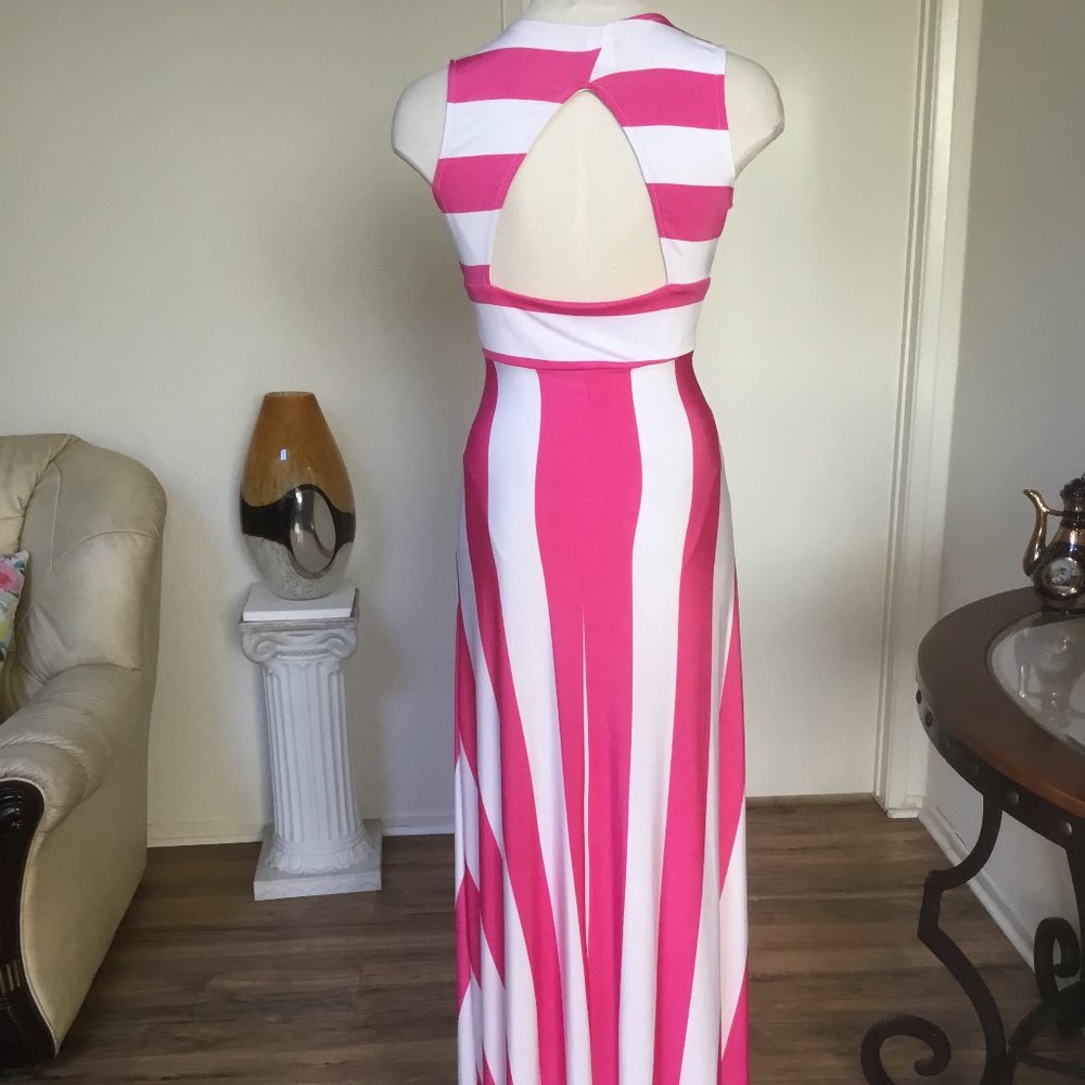 IPONA Striped Sundress Long Dress V- Neck Cutout A-Line Sleeveless Spandex S